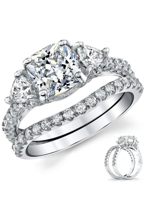 Womens 2.75Ct Moissanite Trillion Halo Vintage Cushion Filigree 18K White Gold Plated Silver Wedding Engagement Ring Set