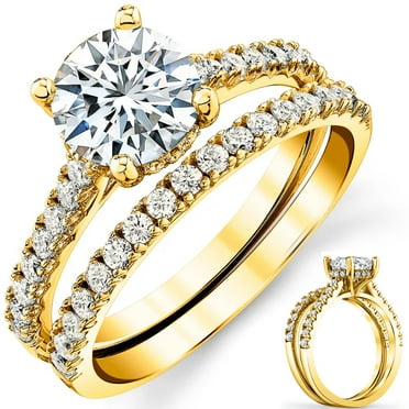 Metal Masters Womens 2Ct Round-Cut Moissanite Halo Bridal Set Engagement Wedding Ring 18K Yellow Gold Silver