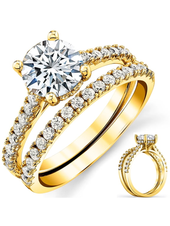 Womens 2Ct Round-Cut Moissanite Halo Bridal Set Engagement Wedding Ring 18K Yellow Gold Plated Silver