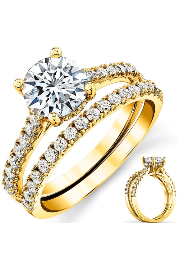 Womens 2Ct Round-Cut Moissanite Halo Bridal Set Engagement Wedding Ring 18K Yellow Gold Silver
