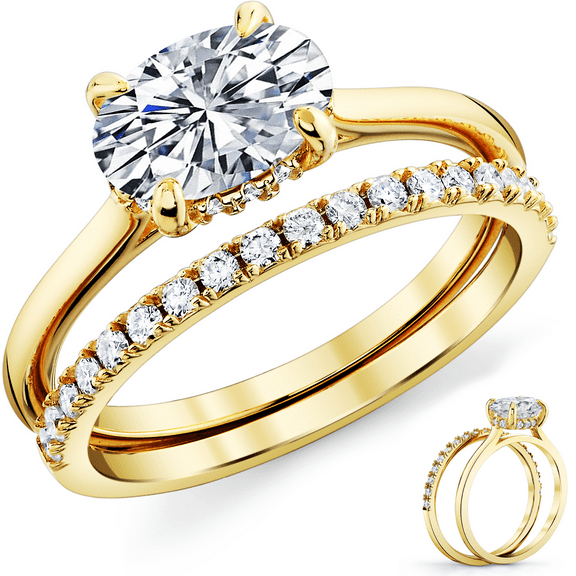 Metal Masters 2Ct. Moissanite 18K Gold Sterling Silver East West Under Halo Engagement Wedding Ring Bridal Set