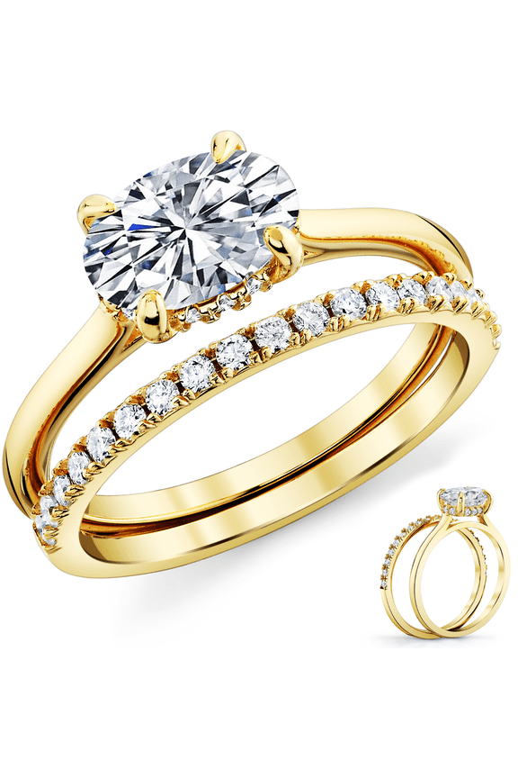 2Ct. Moissanite 18K Gold Sterling Silver East West Under Halo Engagement Wedding Ring Bridal Set