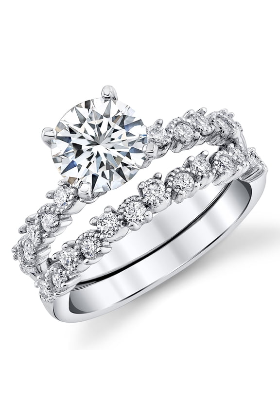 Womens 2Ct Round-cut Moissanite Laced Milgrain Bridal Set Engagement Ring 18K White Gold Sterling Silver