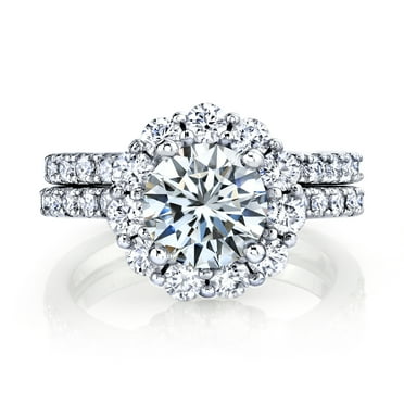 Metal Masters Womens 3.25Ct Round Moissanite Crown Halo Bridal Set 18K Silver Wedding Engagement Ring Set