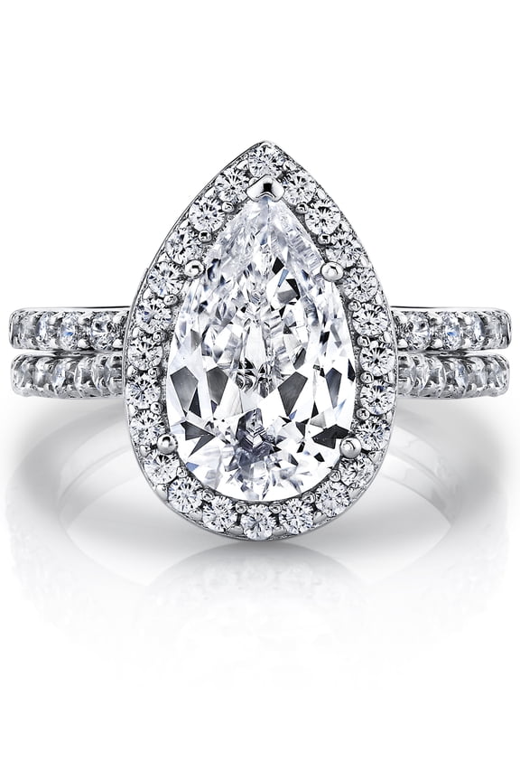 Womens 3CT Teardrop Pear Shape Solitaire Cz Engagement Ring Bridal Set in 2 piece Sterling Silver 925