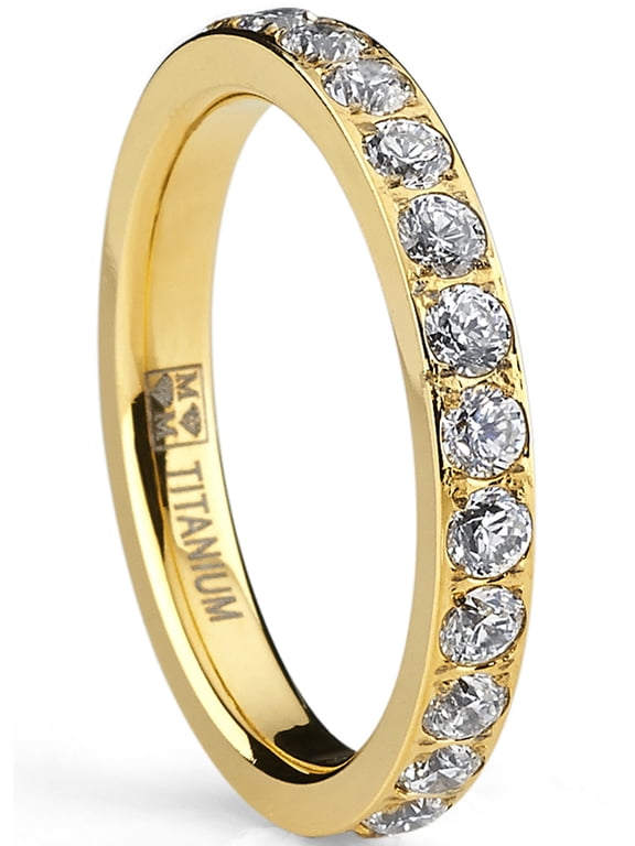 3mm Womens Goldtone Plated Titanium Eternity Ring Wedding Band Pave-Set Cubic Zirconia 9
