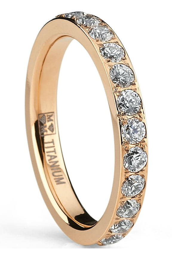 3mm Womens Rose Plated Titanium Eternity Ring Wedding Band Pave-Set Cubic Zirconia