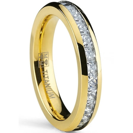 Metal Masters 4mm Goldtone Plated Princess Cut Womens Eternity Titanium Ring Wedding Band Cubic Zirconia Cz 7.5