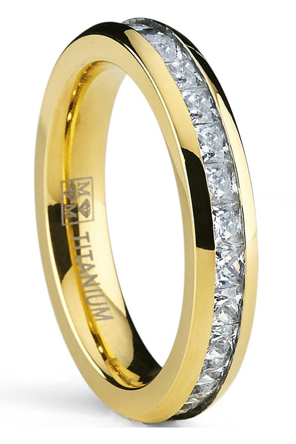 4mm Goldtone Plated Princess Cut Womens Eternity Titanium Ring Wedding Band Cubic Zirconia Cz 9