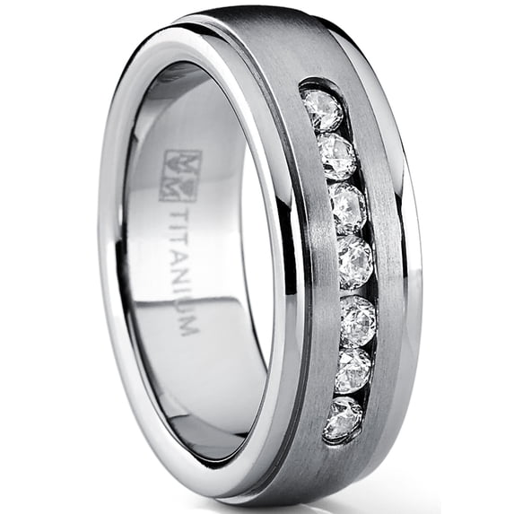 Metal Masters 7mm Mens Dome Brushed Titanium Wedding Band Ring 7 Round Cubic Zirconia