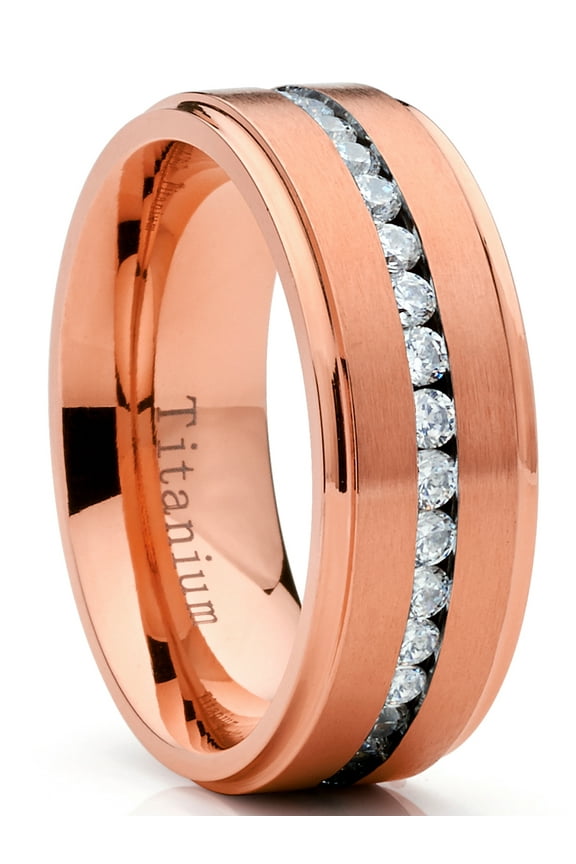 7mm Mens Eternity Titanium Ring Rosegold-tone Wedding Band Cubic Zirconia Cz