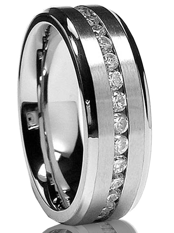 Mens Eternity Titanium Ring Wedding Band Cubic Zirconia CZ 7mm