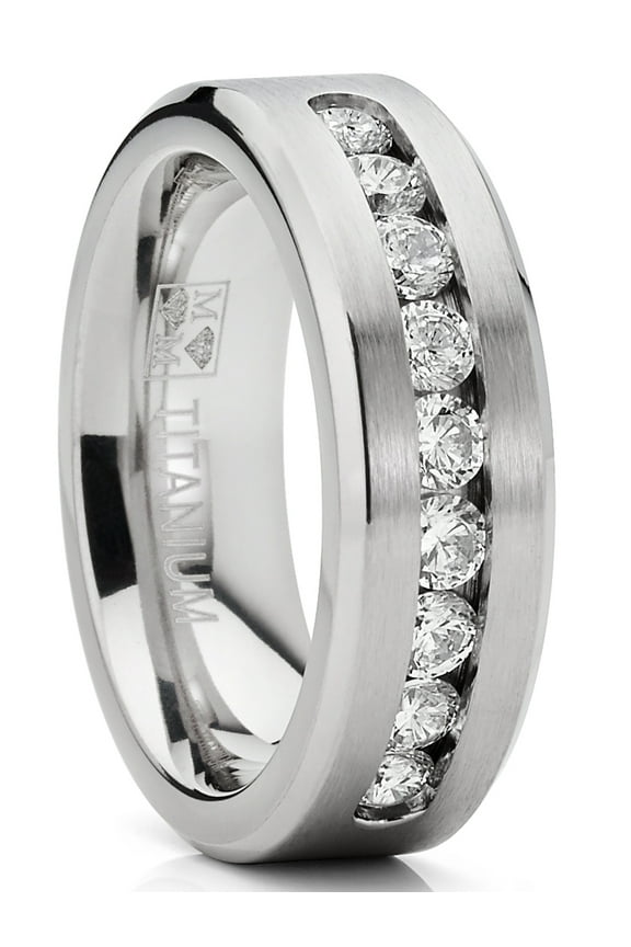 8mm Mens 1Ct. Titanium ring wedding band 9-Large Channel Set Cubic Zirconia Cz