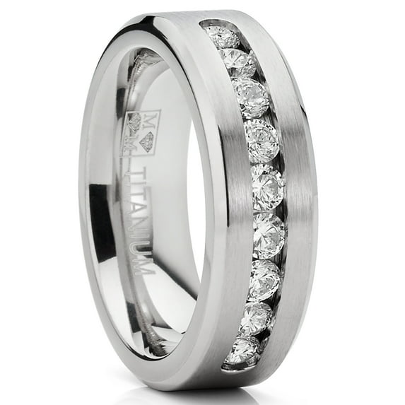 Metal Masters 8mm Mens 1Ct. Titanium ring wedding band 9-Large Channel Set Cubic Zirconia Cz