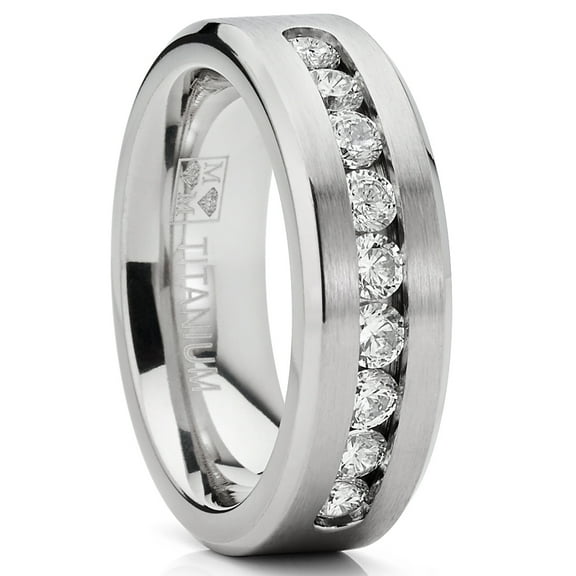 Metal Masters 8mm Mens 1Ct. Titanium ring wedding band 9-Large Channel Set Cubic Zirconia Cz