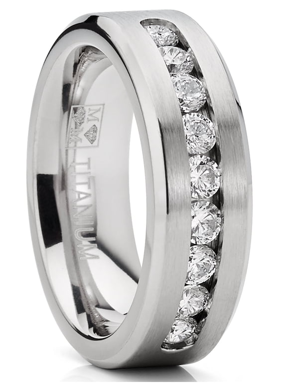 Mens Titanium Ring Wedding Band 1Ct. 9-Large Channel-Set Cubic Zirconia CZ 8MM