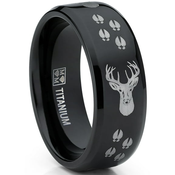 Metal Masters 8mm Black High-Polish Deer Head Track Titanium Ring Wedding Band Mens Hunting Ring Outdoor Jewelry