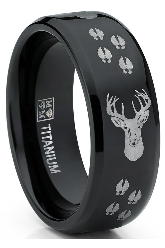 8mm Black High-Polish Deer Head Track Titanium Ring Wedding Band Mens Hunting Ring Outdoor Jewelry
