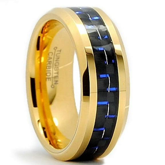 Metal Masters 8mm Mens Goldtone Plated Tungsten Carbide Ring Wedding Band Black Blue Carbon Fiber Inaly
