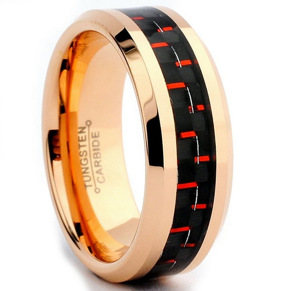 Metal Masters 8mm Mens Rose Plated Tungsten Carbide Ring Wedding Band Black Red Carbon Fiber Inaly