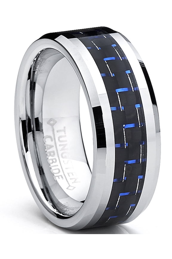 8mm Mens Tungsten Carbide Ring Black Blue Carbon Fiber Inaly