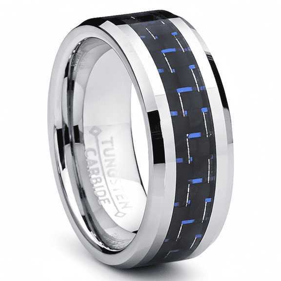 Metal Masters 8mm Mens Tungsten Carbide Ring Black Blue Carbon Fiber Inaly