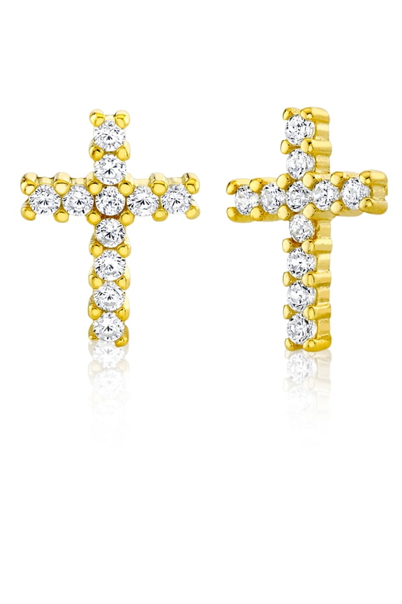 925 Sterling Silver Cross Stud Earrings Goldtone Round Cz Cubic Zirconia