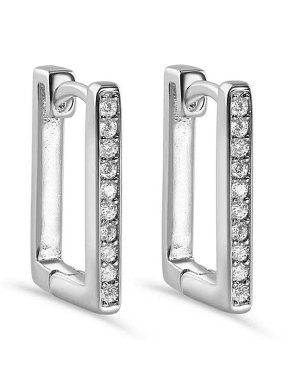925 Sterling Silver Square Huggie Hoop Earrings .2Ct Cubic Zirconia