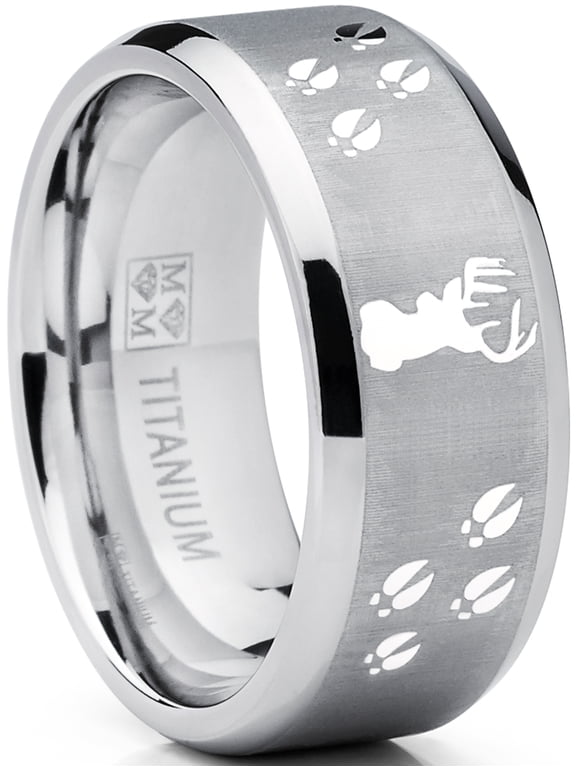 9mm Sating Finish High-Polish Deer Track Titanium Ring Wedding Band Outdoor Jewelry Mens Hunting Ring