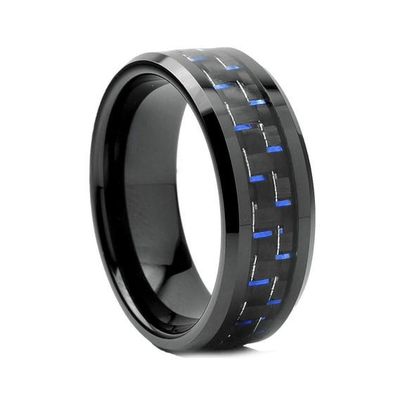 Metal Masters Black Mens Tungsten Carbide Wedding Band Black Blue Carbon Fiber Inlay 8mm