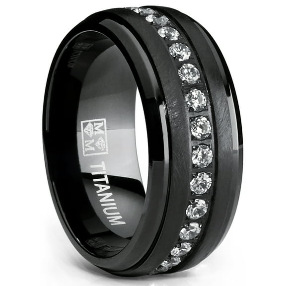 Metal Masters Black Titanium Mens Eternity Wedding Band Ring Clear Round Cubic Zirconia 9mm