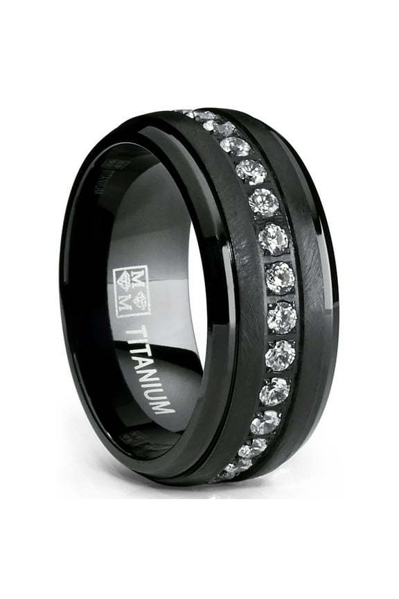 Black Titanium Mens Eternity Wedding Band Ring Clear Round Cubic Zirconia 9mm