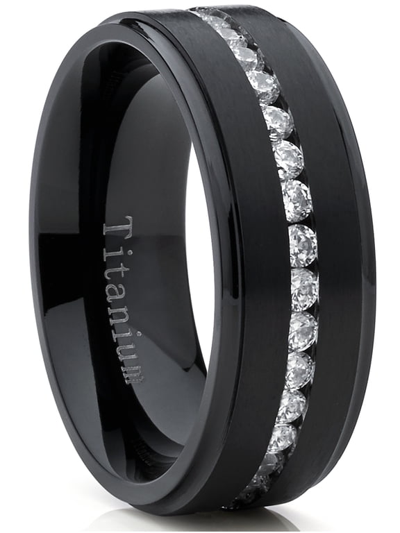 Black Titanium Mens Eternity Wedding Band Ring Cubic Zirconia Cz Comfort-Fit 8mm