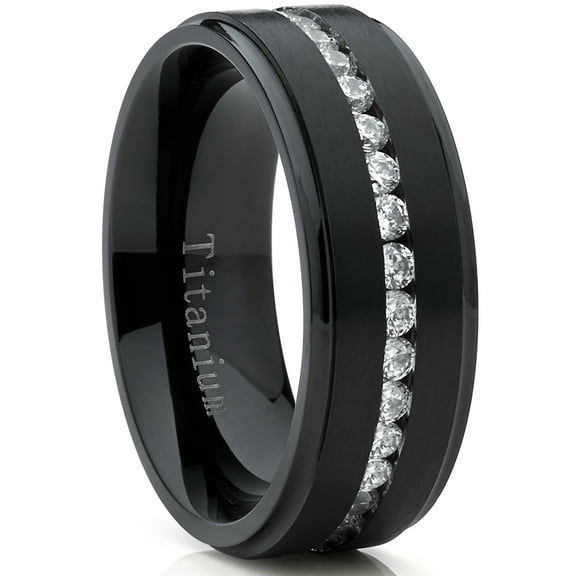 Metal Masters Black Titanium Mens Eternity Wedding Band Ring Cubic Zirconia Cz Comfort-Fit 8mm