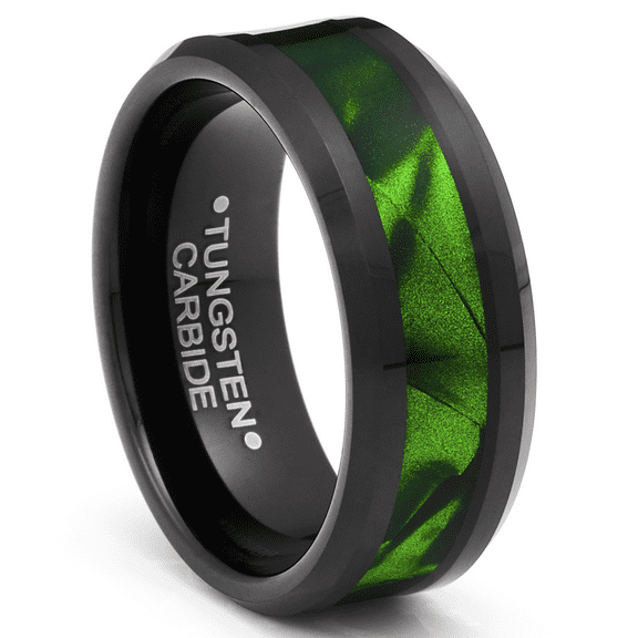 Metal Masters Black Tungsten Carbide Ring Mens Wedding Band Ring Green Mother of Pearl Lacquered Dyed Inlay Comfort-Fit