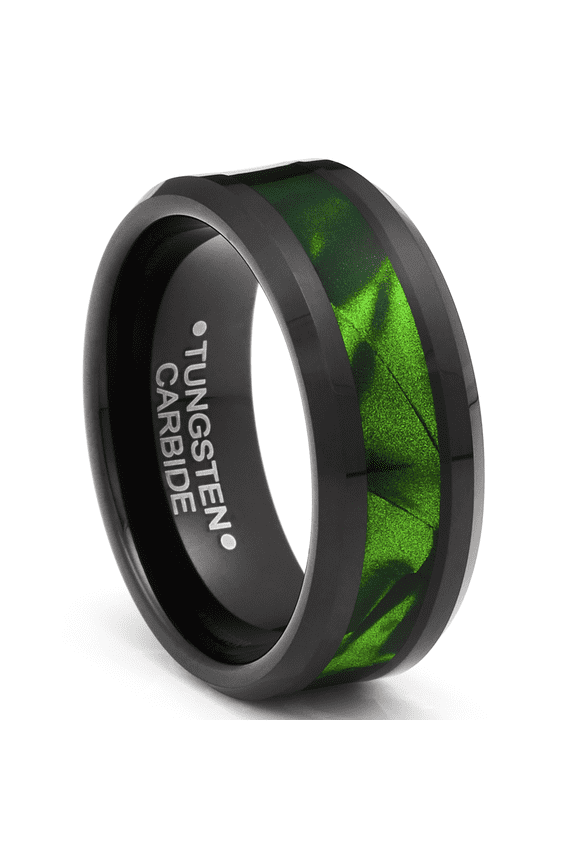 Black Tungsten Carbide Ring Mens Wedding Band Ring Green Mother of Pearl Lacquered Dyed Inlay Comfort-Fit