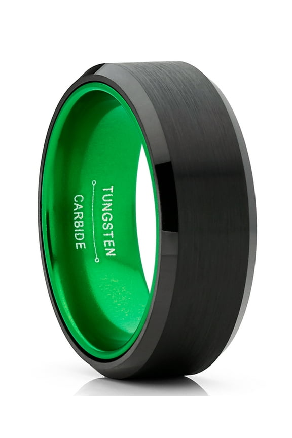 Black Tungsten Wedding Band Mens Ring Green Interior Beveled Edge Brushed 8mm 9