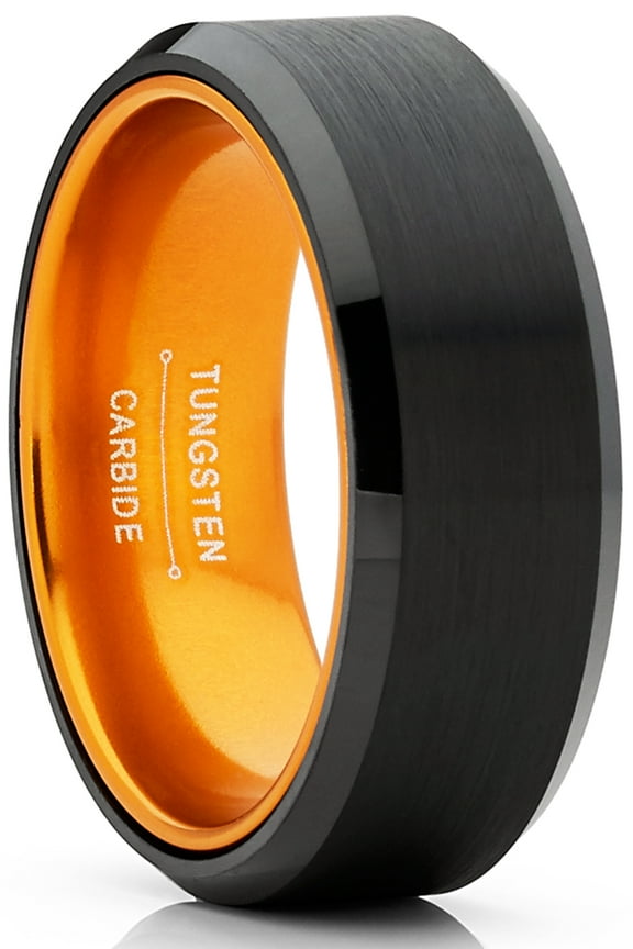 Black Tungsten Wedding Band Mens Ring Orange Interior Beveled Edge Brushed 8mm 9.5