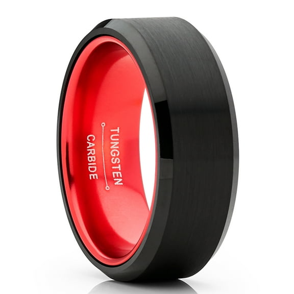 Metal Masters Black Tungsten Wedding Band Mens Ring Red Interior Beveled Edge Brushed 8mm 10