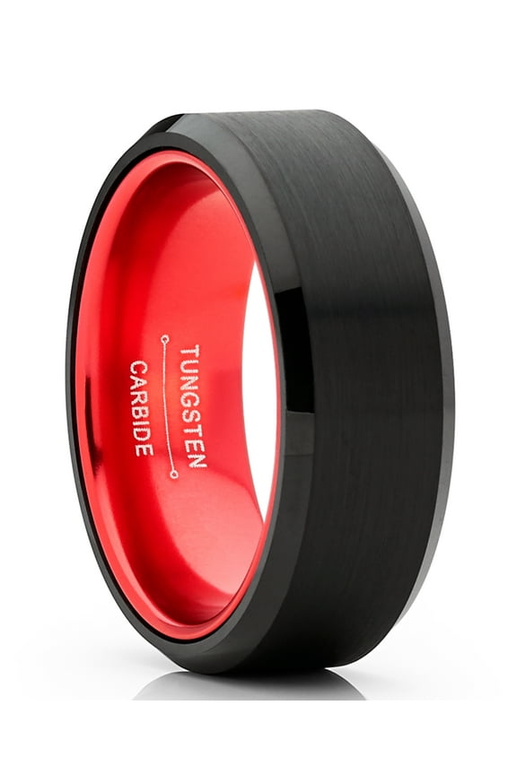 Black Tungsten Wedding Band Mens Ring Red Interior Beveled Edge Brushed 8mm 9
