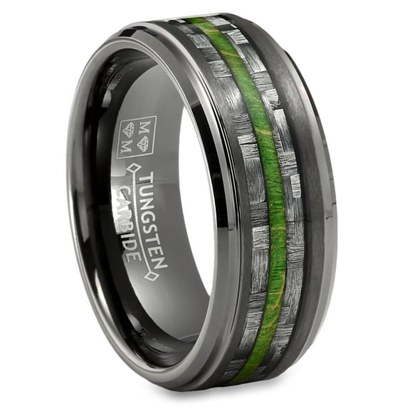 Metal Masters Mens Carbon Fiber Tungsten Carbide Ring Green Wood Wedding Band Gunmetal 8mm