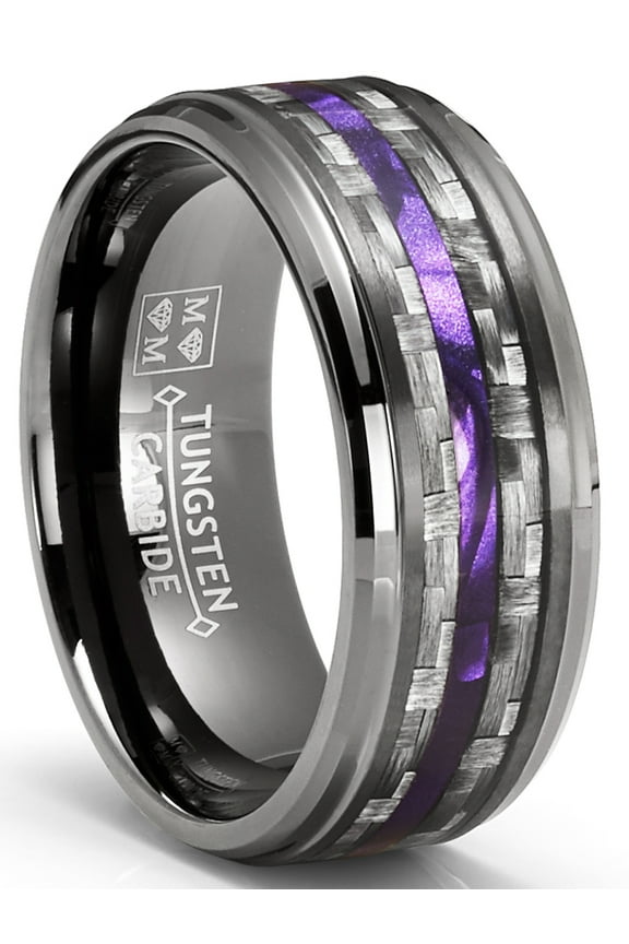 Mens Carbon Fiber Tungsten Carbide Ring Purple Wood Wedding Band Gunmetal 8mm