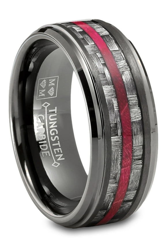 Mens Carbon Fiber Tungsten Carbide Ring Red Wood Wedding Band Gunmetal 8mm