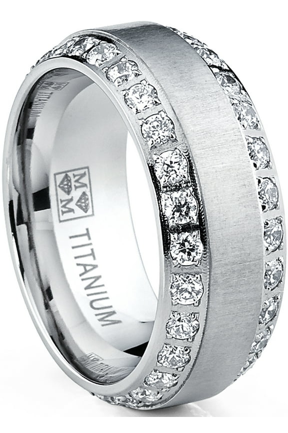 Male Silver, Cubic Zirconia Wedding Ring 1.8 ct, Titanium, 0.31"