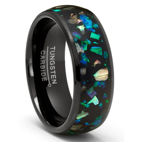 Metal Masters Mens Crushed Opal Abalone Tungsten Carbide Ring Dome Wedding Band Simulated Black 8mm