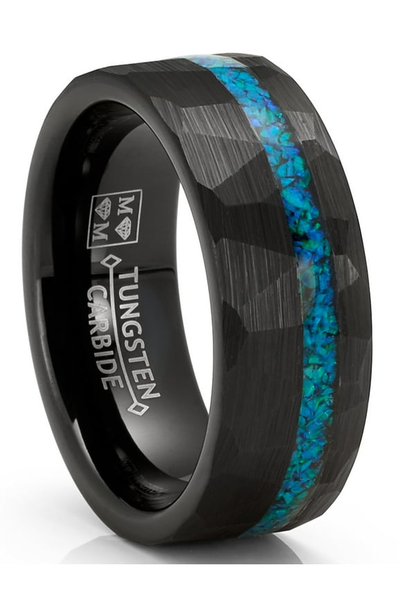 Mens Crushed Opal Tungsten Carbide Ring Dome Wedding Band Simulated Black Inlay 8mm