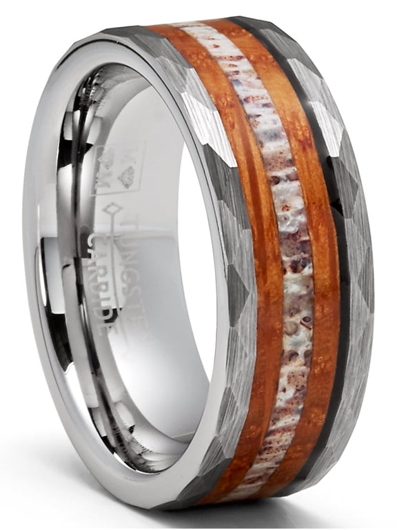 Mens Deer Antler Whiskey Barrel Tungsten Carbide Ring Hammered Wedding Band 8mm