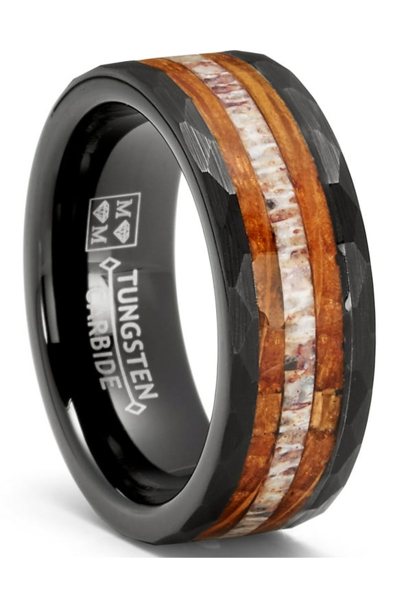 Mens Deer Antler Whiskey Barrel Tungsten Carbide Ring Hammered Wedding Band 8mm