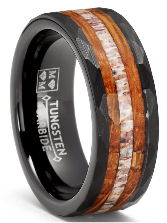 Mens Deer Antler Whiskey Barrel Tungsten Carbide Ring Hammered Wedding Band 8mm