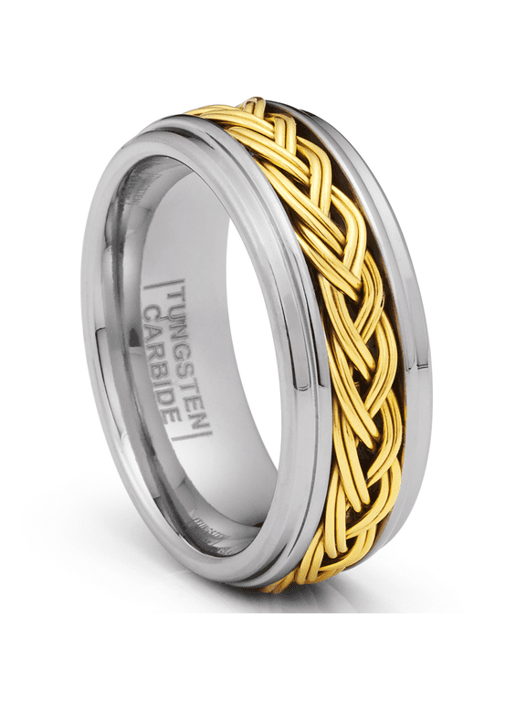 Gold Plated Braided Tungsten Carbide Ring Mens Wedding Band 8MM Comfort-Fit